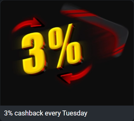888Starz 3% cashback every Tuesday