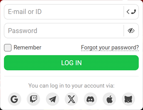 888Starz login form with social sign-in