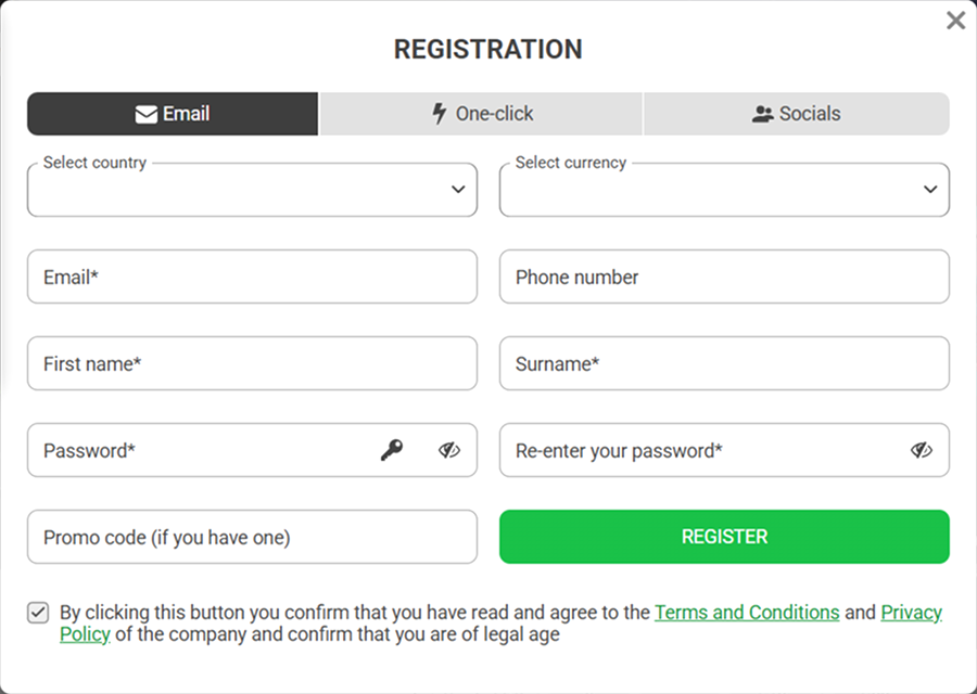 888Starz registration form with email tab
