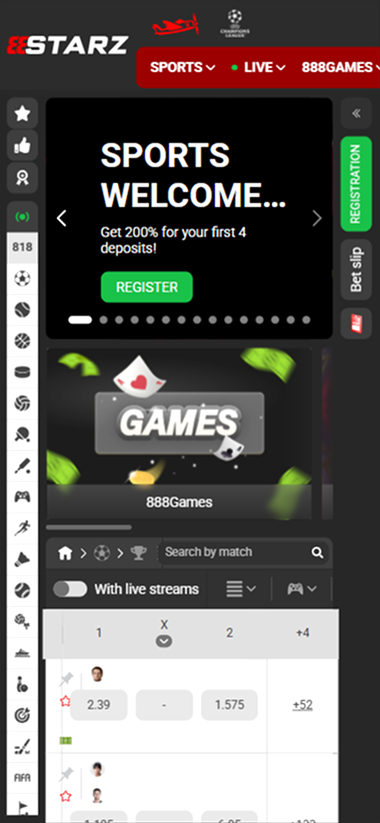 888Starz sportsbook with match odds