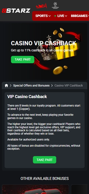 888Starz Casino VIP Cashback promotion page